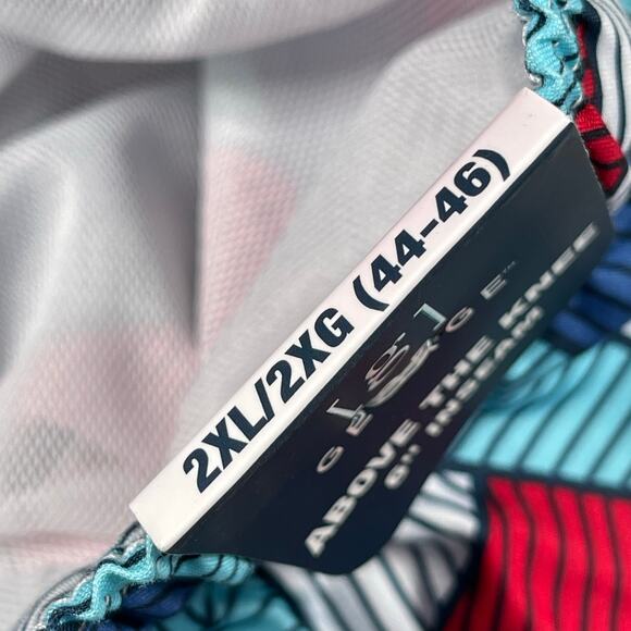 Shark Triangle Print Swim Trunks Men 2XL 44-46 Above The Knee 6" Inseam Blue Red - Picture 9 of 11